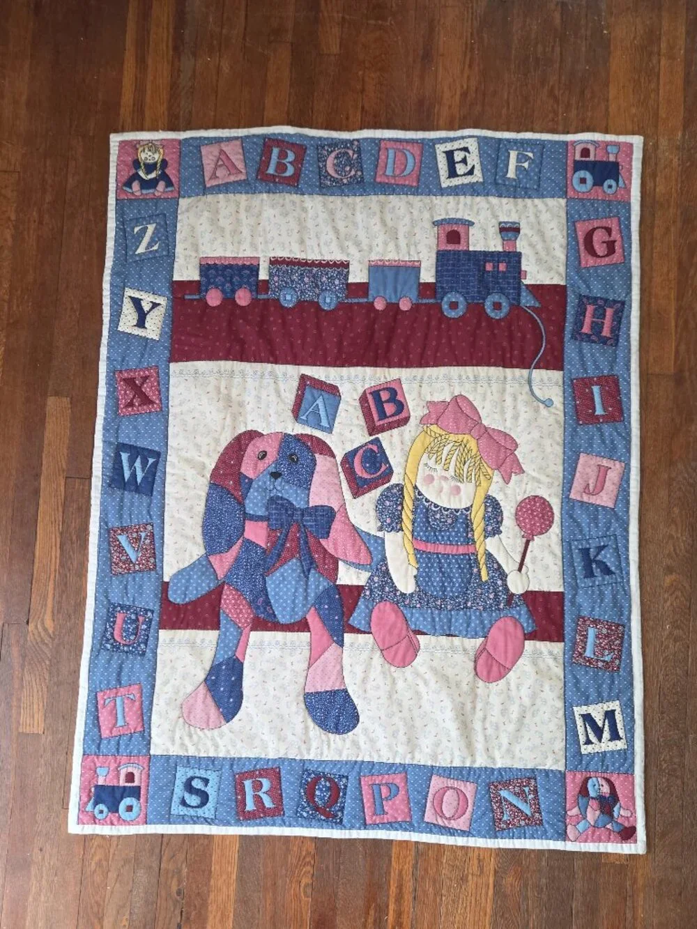 Handmade 1980’s Pink and Blue Floral ABC Alphabet Quilted Baby Blanket